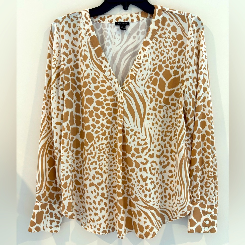 Ann Taylor Brown Cream Animal Print Long Sleeve Women’s Blouse Top S